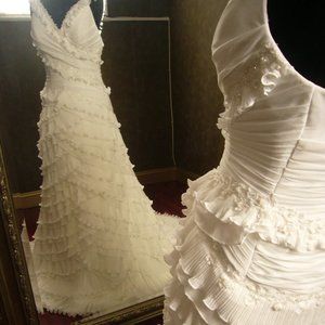 Boho Ruffle Wedding Dress with Straps V Neckline - Size Small (2-4)